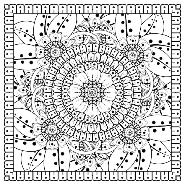 Contorne o padrão de flor quadrada no estilo mehndi para a página do livro de colorir