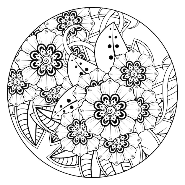 Contorne o padrão de flor redondo no estilo mehndi para a página do livro de colorir