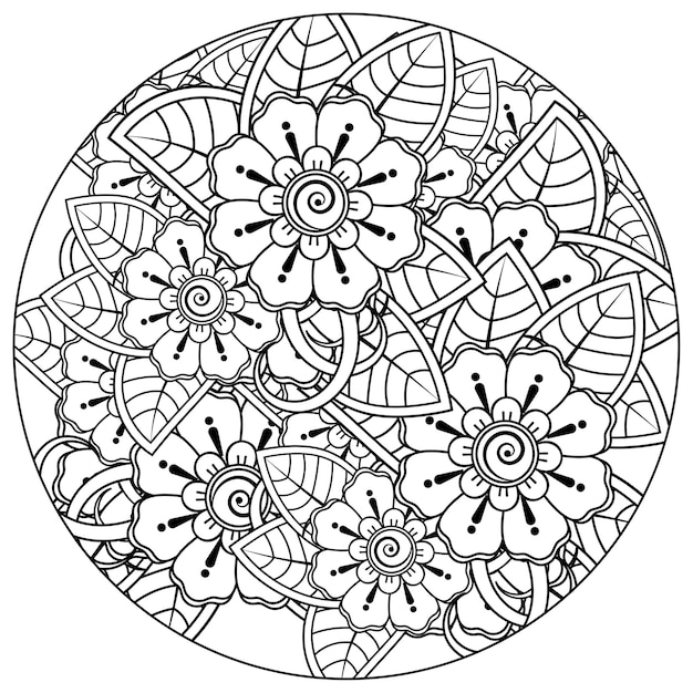 Contorne o padrão de flor redondo no estilo mehndi para colorir a página do livro. ornamento do doodle em preto e branco.