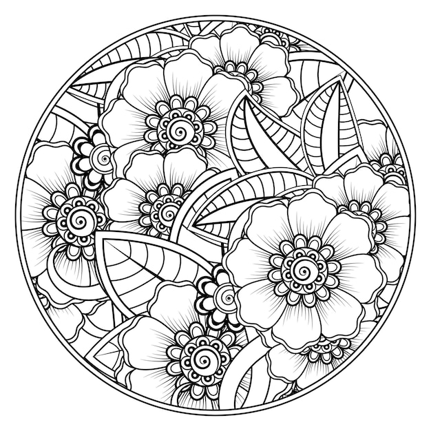 Contorne o padrão de flor redondo no estilo mehndi para colorir a página do livro. ornamento do doodle em preto e branco.