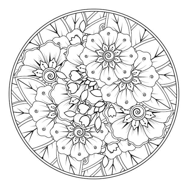 Contorne o padrão de flor redondo no estilo mehndi para colorir a página do livro. ornamento do doodle em preto e branco.