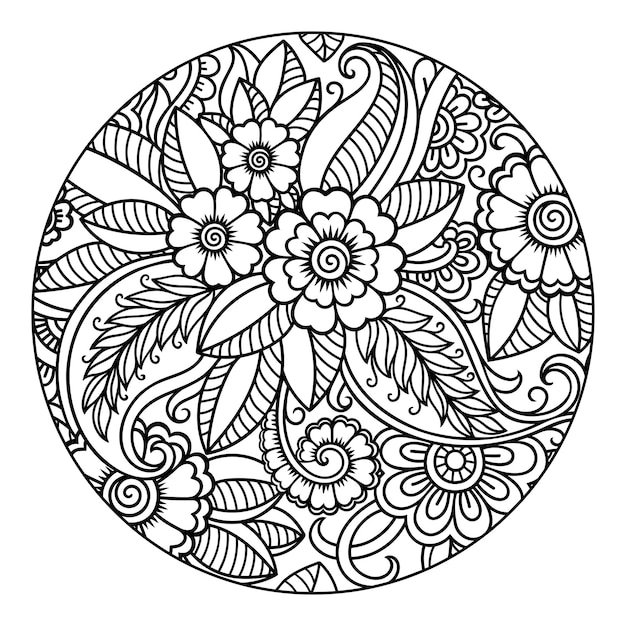 Contorne o teste padrão de flor redondo no estilo mehndi para colorir a página do livro. anti-stress para adultos e crianças. ornamento de doodle em preto e branco. mão desenhar ilustração vetorial.