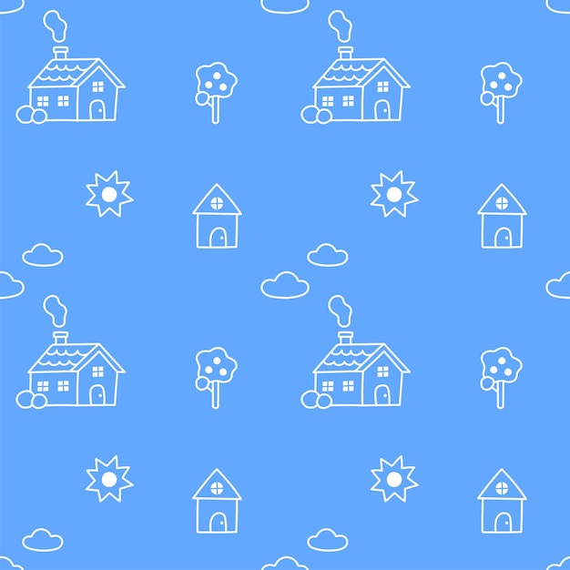 Contorno branco plano doodle bonito mínimo casa vector design padrão fundo azul editável curso