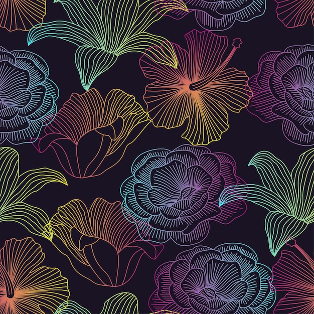 Vetor contorno colorido padrão floral sem costura com folhas fundo tropical