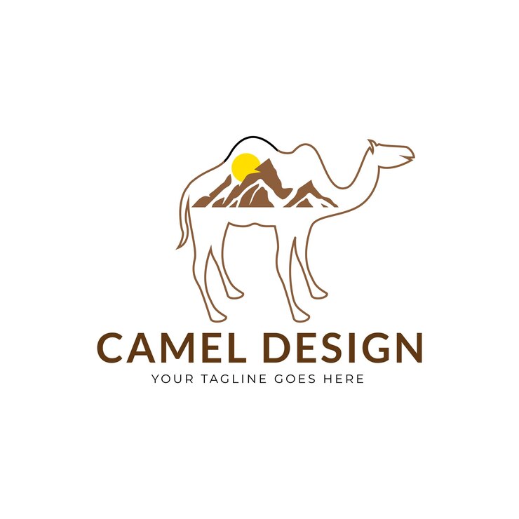 Vetor contorno da caravana do logotipo camelos na areia do deserto sob o sol quente no fundo branco ondulado do círculo.