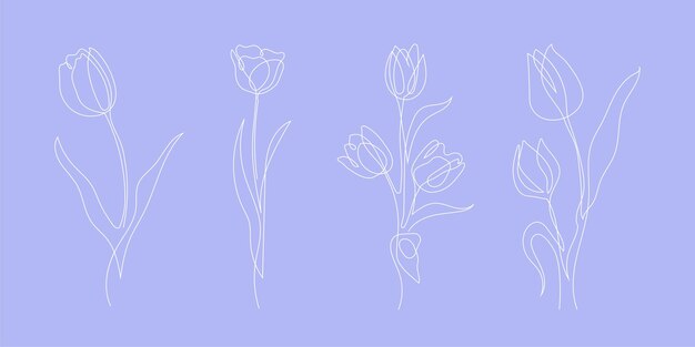 Contorno de arte de linha de flor de tulipa desenhando minimalismo em fundo azul pastel