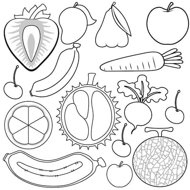 Contorno de doodle de frutas e legumes