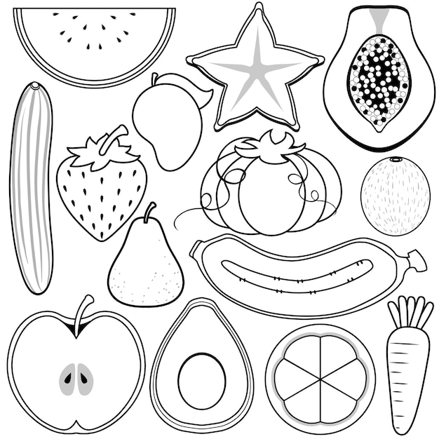 Vetor contorno de doodle de frutas e legumes