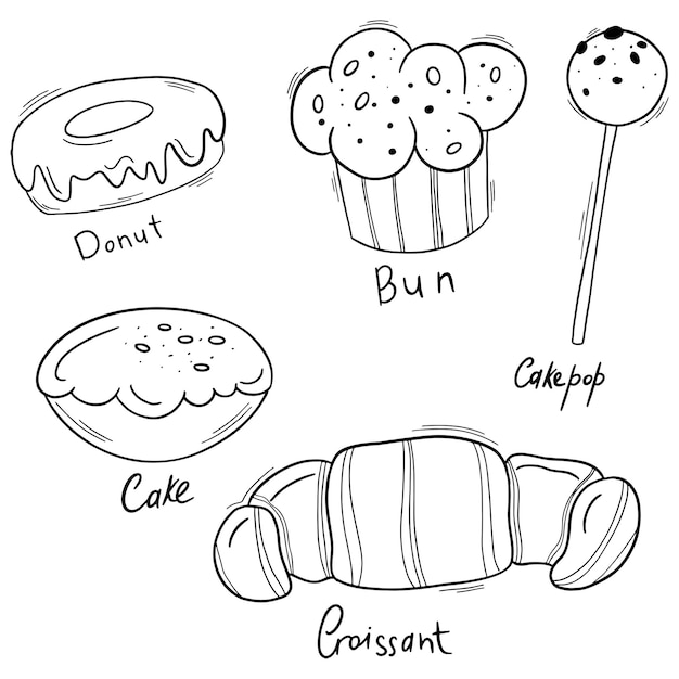 Contorno de doodle preto de padaria conjunto com bolos de pastelaria, bolos de rosquinhas e croissants