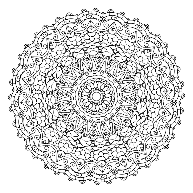 Contorno de mandala ornamental floral preto e branco padrão circular para páginas para colorir para adultos