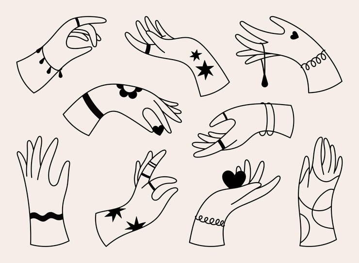 Contorno de mãos conjunto de ilustrações vetoriais Clipart de diferentes gestos Ícones de mãos humanas