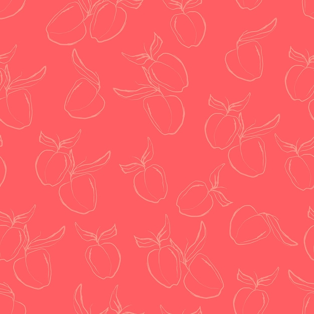 Contorno de nectarinas de pêssegos com folhas de frutas isoladas de impressão manual ilustração vetorial sem costura padrão