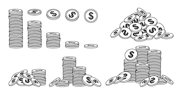 Contorno de pilha de moedas de ouro conjunto de dinheiro puro bundlee ícones de moedas de ouro contorno heap doodle finanças vetor