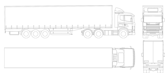 Vetor contorno de reboque de caminhão de vetor. veículo comercial. veículo de entrega de carga. vista lateral, frontal, traseira, superior. ilustração vetorial