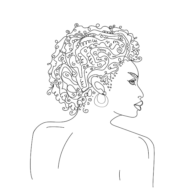 Vetor contorno de retrato de mulher afro-americana em estilo doodle em fundo branco