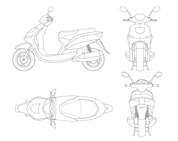 Contorno de scooter na moda isolado no fundo branco. modelo de moto isolado para ciclomotor, marca de moto e publicidade. vista lateral, frontal, traseira, superior