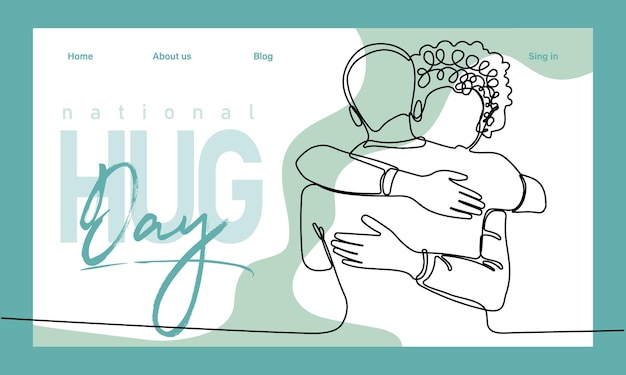 Vetor contorno desenhado à mão único contínuo de banner da web ou página de destino com um conceito de dia de abraço e feliz