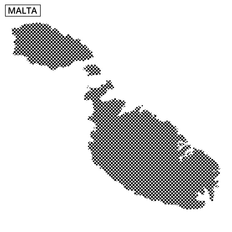 Vetor contorno do mapa de malta com textura pontilhada única exibida em esquema de cores preto e branco