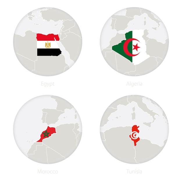 Contorno do mapa do egito, argélia, marrocos, tunísia e bandeira nacional em um círculo. ilustração vetorial.