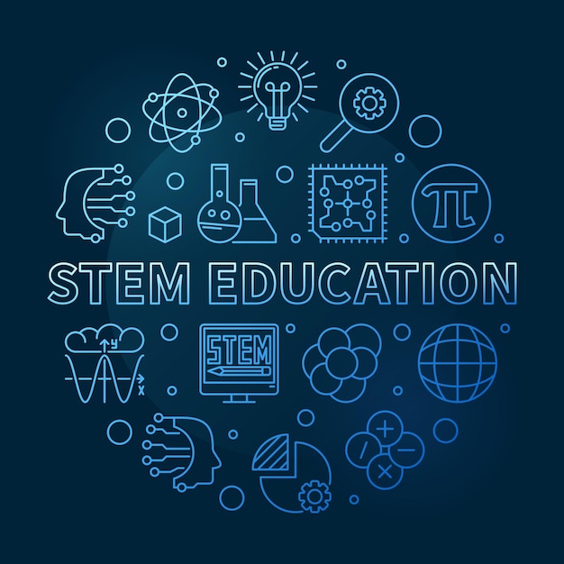 Contorno do vetor stem education ilustração em forma de círculo banner azul da ciência