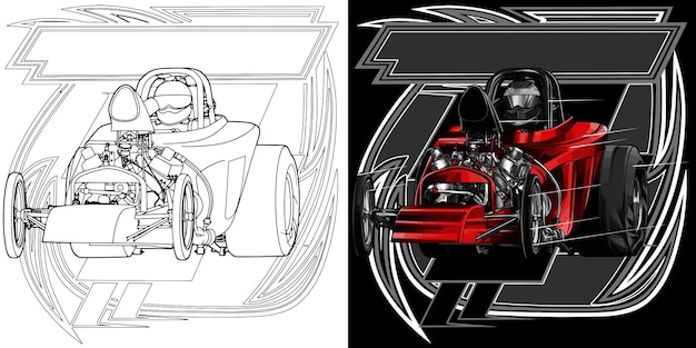 Contorno e carro de corrida pintado isolado em fundo preto para design de camiseta