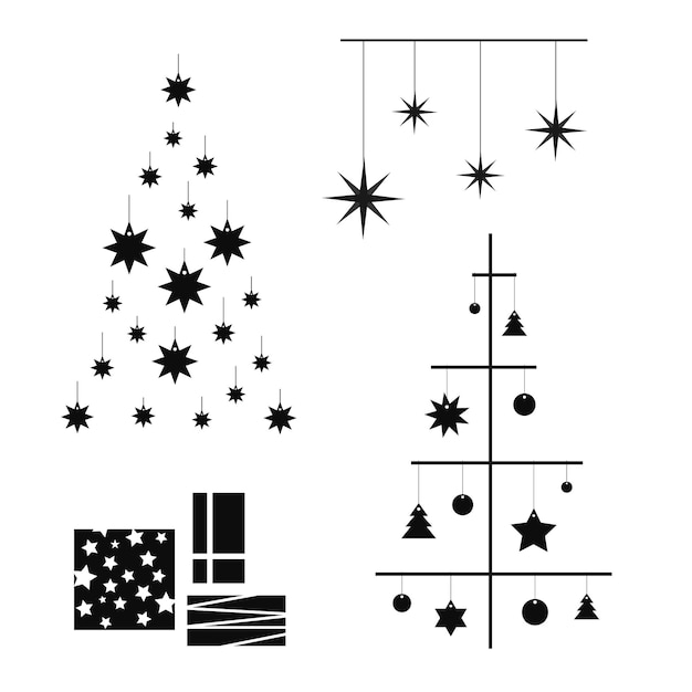 Contornos de uma árvore de natal feita de estrelas e paus. design plano moderno.