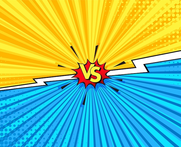 Contra fundo cômico. banner do vs pop art. padrão de pontos de super-herói wow. pano de fundo amarelo azul engraçado.