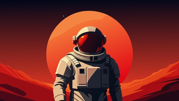 Vetor contra o pano de fundo de uma nebulosa vermelha de fogo, um astronauta estava confiantemente na superfície de um recém-