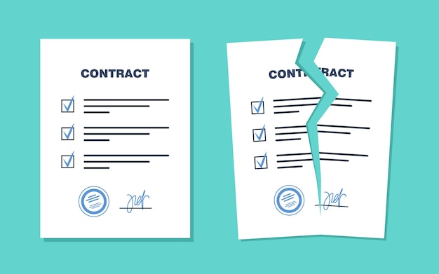 Contrato com selo e assinatura e contrato quebrado documento em papel rasgado quebra de acordo