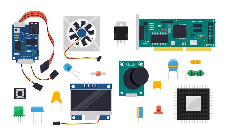 Vetor controlador diy componentes elétricos e mecânicos para microcontrolador e fios de exibição de placa de circuito doméstico inteligente e conjunto de vetores de semicondutores