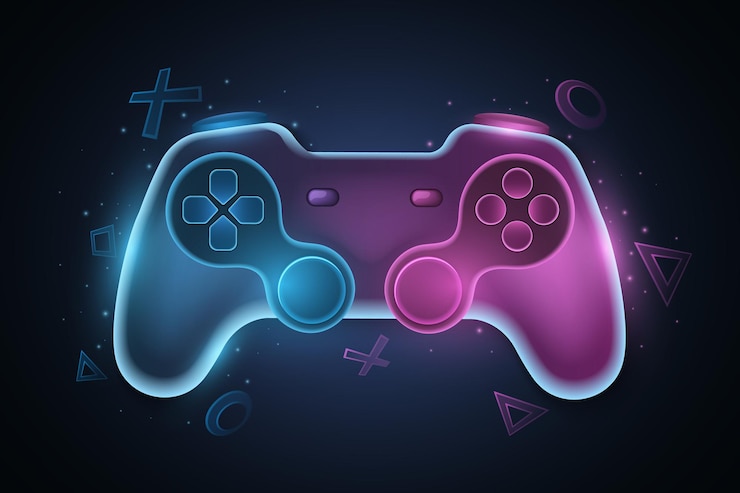 Controle de jogo futurista para videogames. Joystick de vetor com brilho de néon para console de jogos. Símbolos geométricos abstratos. Conceito de jogos de computador para seu projeto. EPS 10