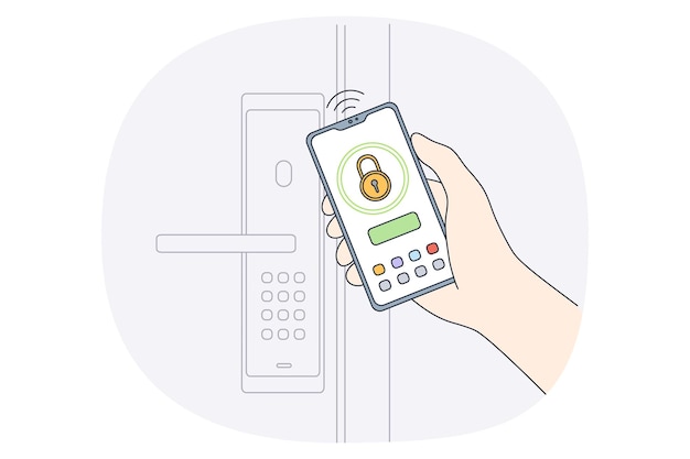 Controle de segurança e conceito de desbloqueio mão humana segurando smartphone com informações de dados pessoais e ilustração vetorial de porta de desbloqueio de segurança