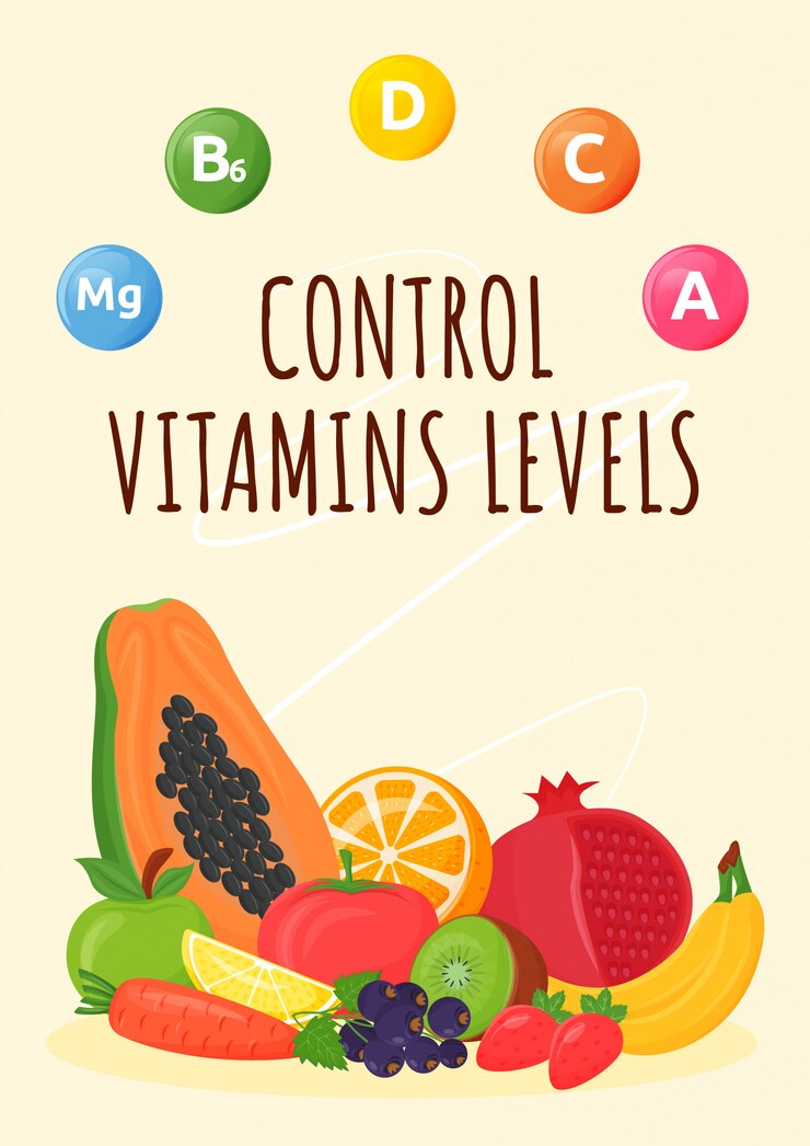 Vetor controle o modelo de vetor plana de cartaz de níveis de vitaminas. frutas e vegetais frescos para uma alimentação saudável. dieta balanceada.