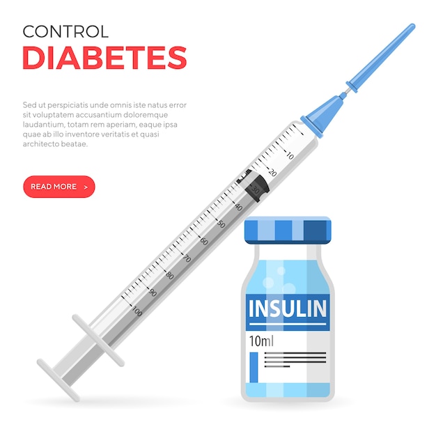 Controle o seu conceito de Diabetes. Seringa de insulina e frasco de insulina.
