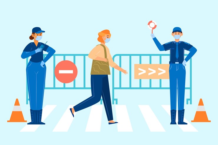 Vetor controle policial e civis usando máscara médica