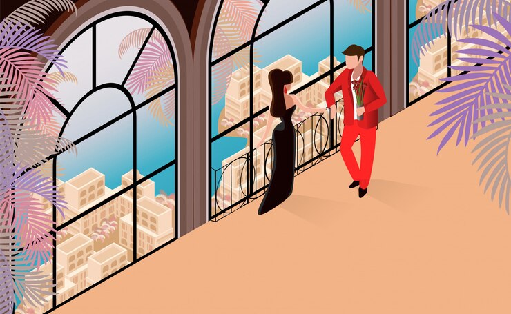 Vetor conversa do homem da mulher na ilustração do restaurante.
