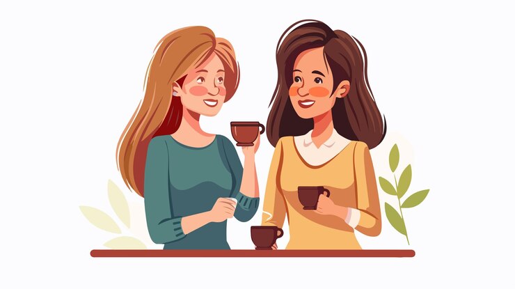 Vetor conversa na pausa para o café duas mulheres a conversar ao longo de uma chávena de café
