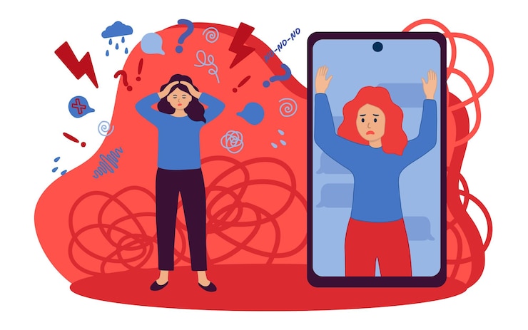 Vetor conversa online desagradável mulheres jovens seguram a cabeça emoji irritado emoções negativas