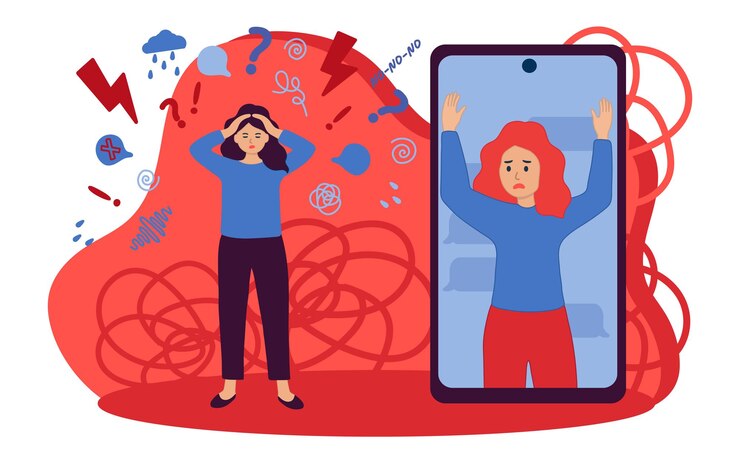 Vetor conversa online desagradável mulheres jovens seguram a cabeça emoji irritado emoções negativas