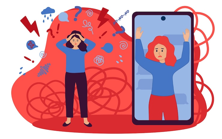 Vetor conversa online desagradável mulheres jovens seguram a cabeça emoji irritado emoções negativas