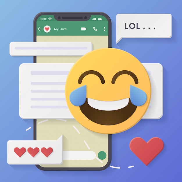 Conversas de mídia social com bolhas de bate-papo e emoticons se deparam com lágrimas de alegria.