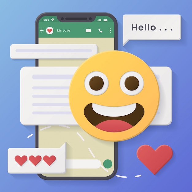 conversas de mídia social com bolhas do bate-papo e emoticons Grinning Face.