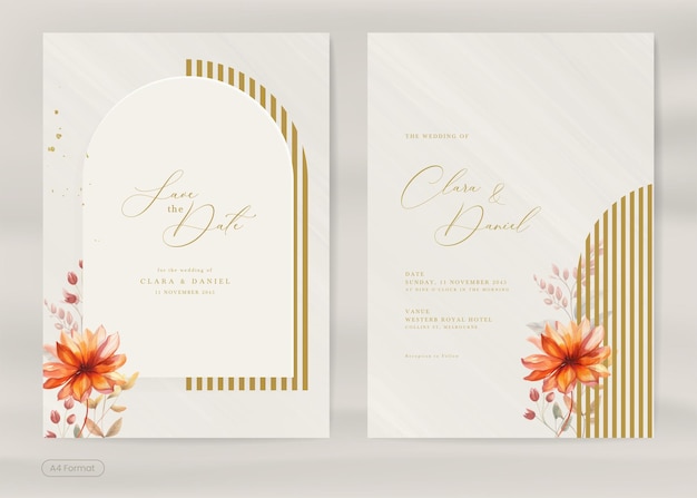 Convidado de casamento estético com ornamento de flor de outono em aquarela