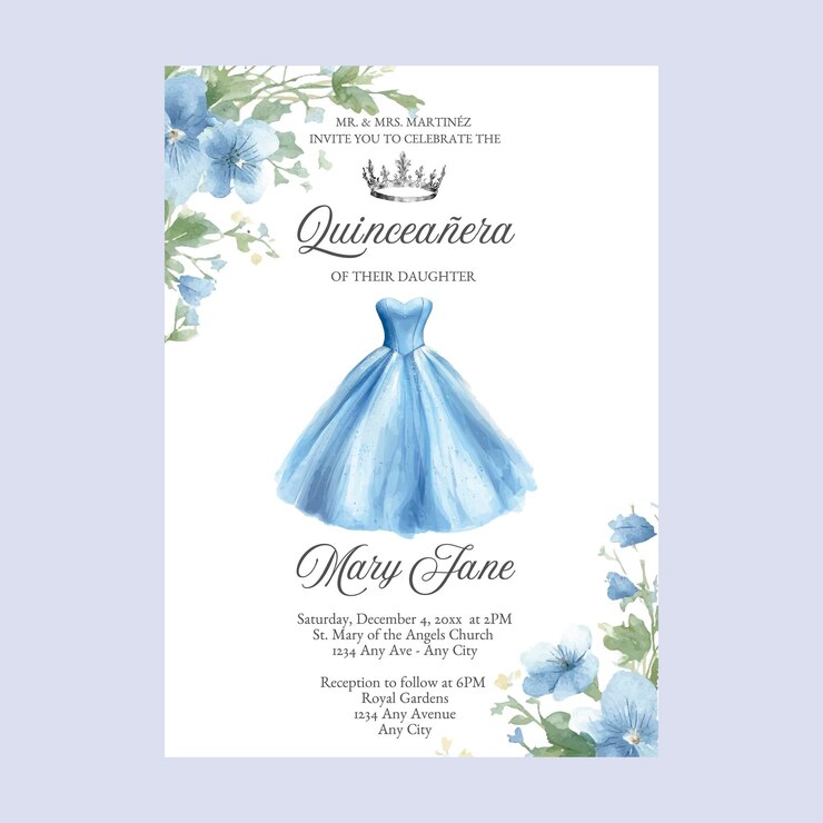 Vetor convidado para a festa floral azul do quinceanera