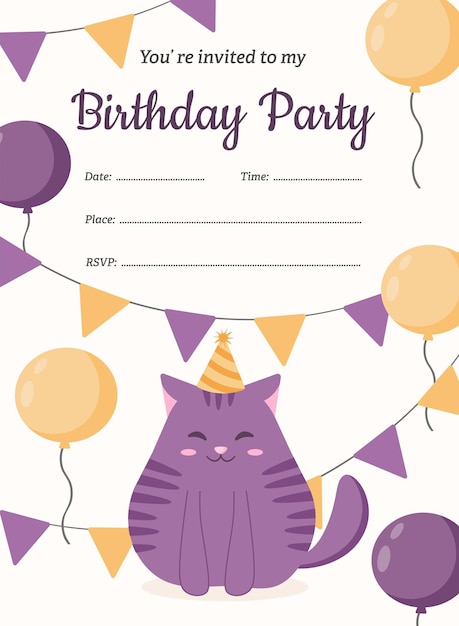 Convite de aniversário com gato fofo e balões