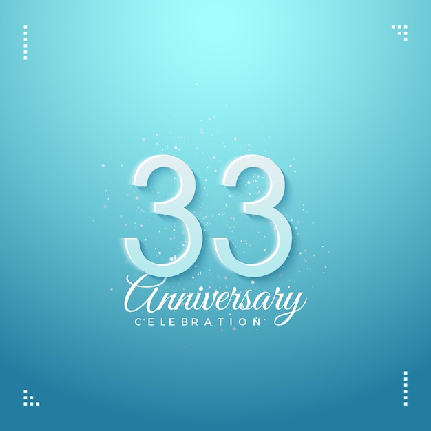 convite de aniversário de 33 anos com números brancos suaves sobre fundo azul claro