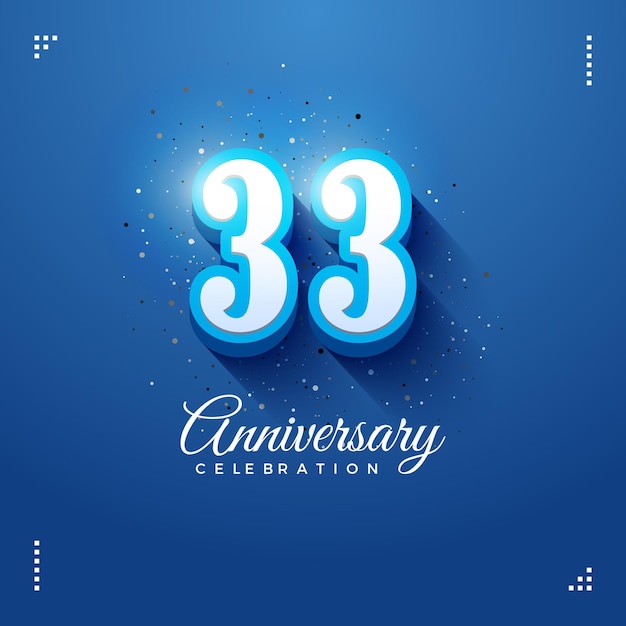 convite de aniversário de 33 anos com números em relevo em um fundo azul