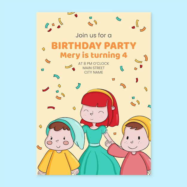 Convite de aniversário de branco de neve desenhado à mão