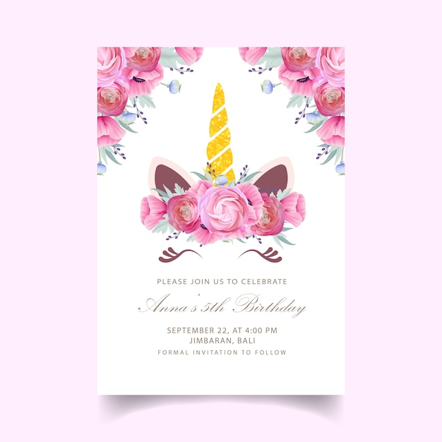 Convite de aniversário de crianças floral com unicórnio fofo