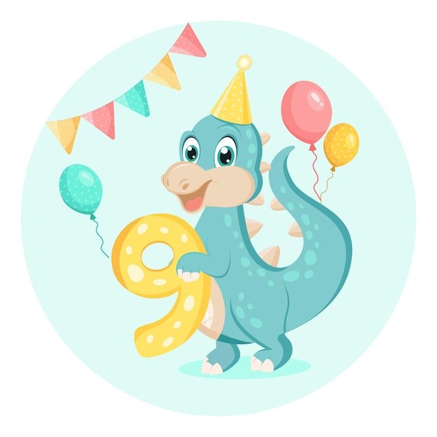Convite de aniversário de dinossauro bebê fofo nove anos nove meses cartão de feliz aniversário